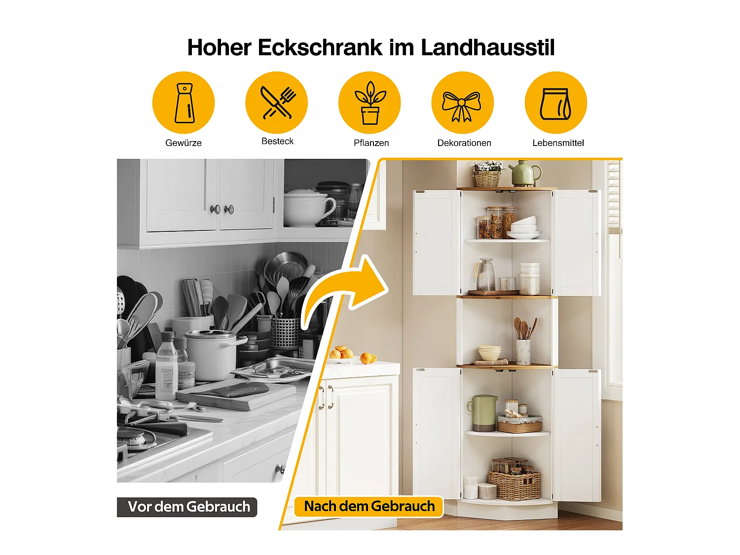 Eck-Sideboard - 39,5 x 39,5 x 180 cm - mit 4 Türen - für Küche und Esszimmer - MDF - weiß