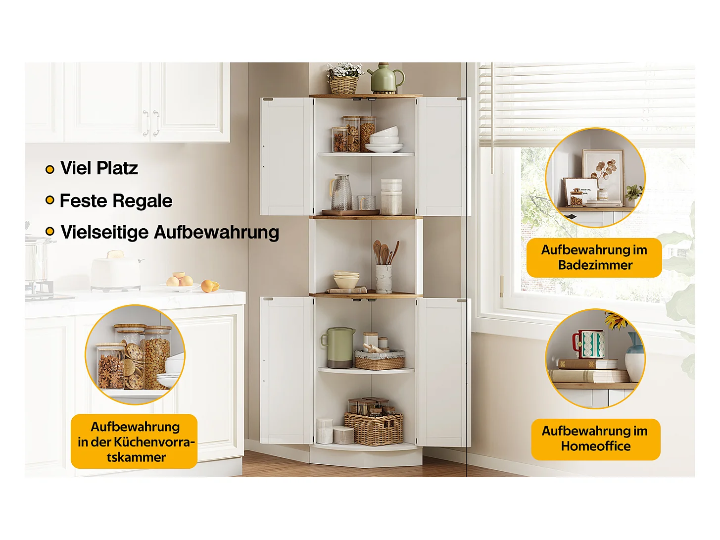 Eck-Sideboard - 39,5 x 39,5 x 180 cm - mit 4 Türen - für Küche und Esszimmer - MDF - weiß