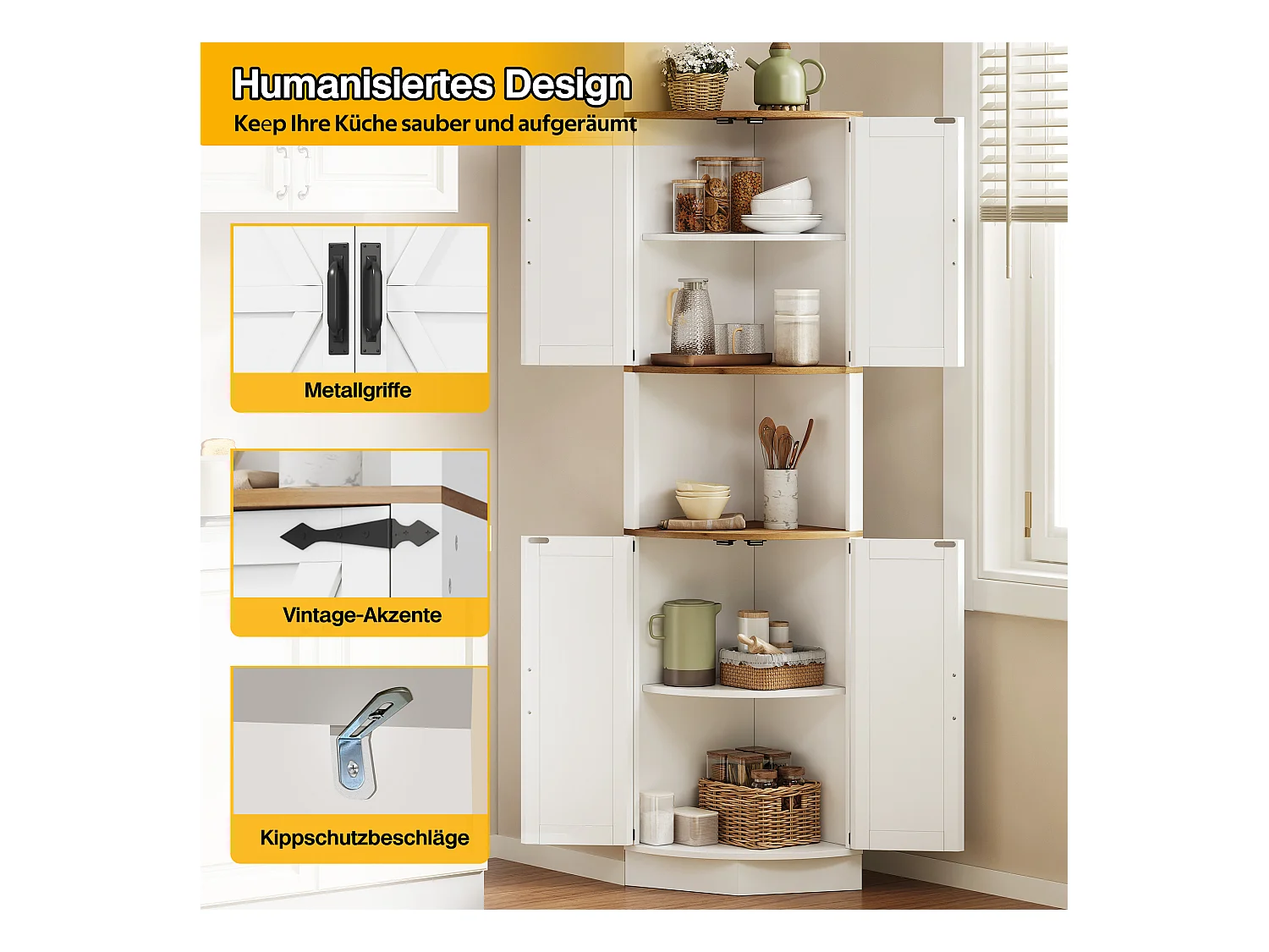 Meuble buffet d'angle - 39.5 x 39.5 x 180 cm - avec 4 portest - pour cuisines et salles à mange - MDF - blanc