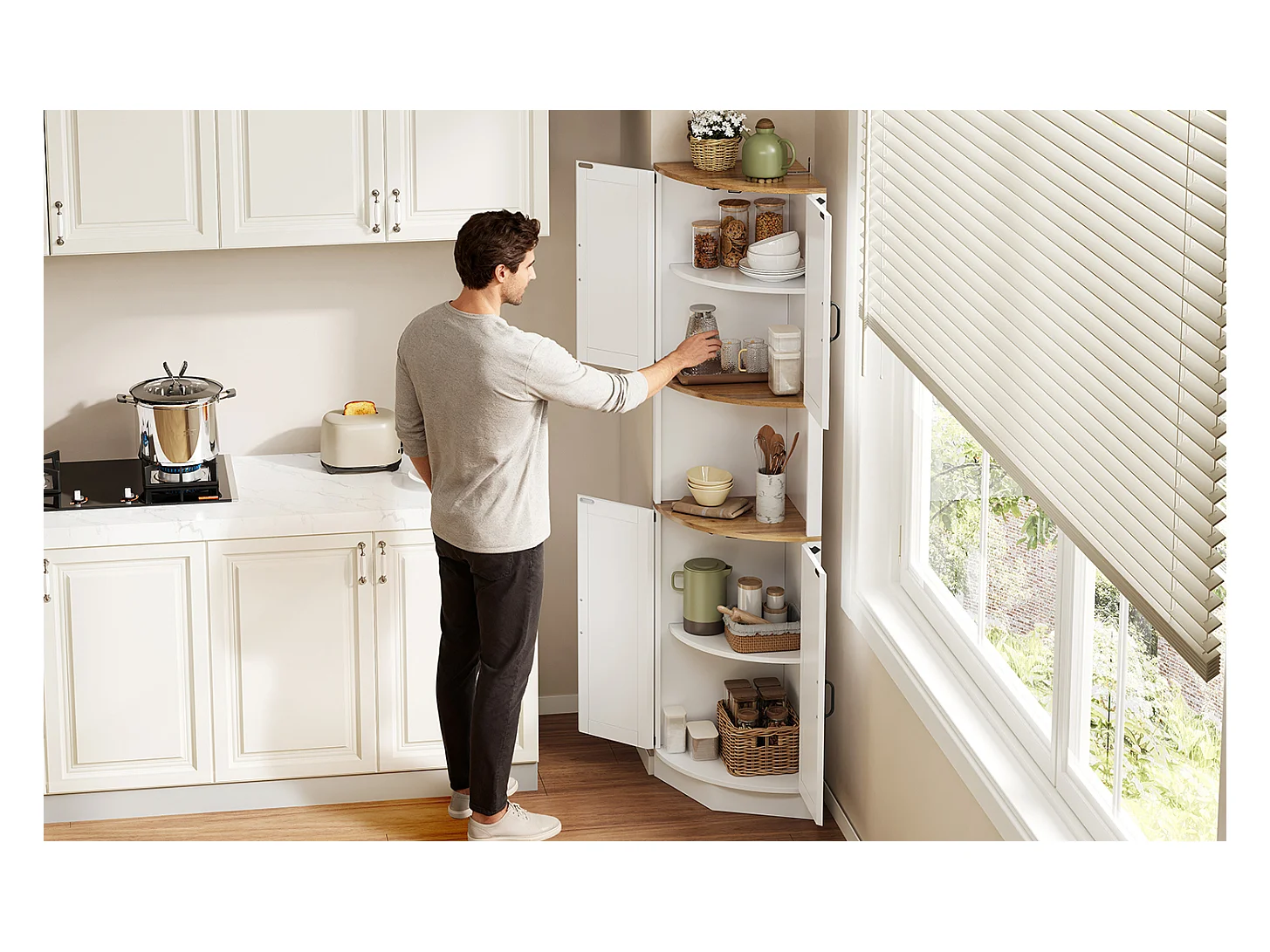 Meuble buffet d'angle - 39.5 x 39.5 x 180 cm - avec 4 portest - pour cuisines et salles à mange - MDF - blanc