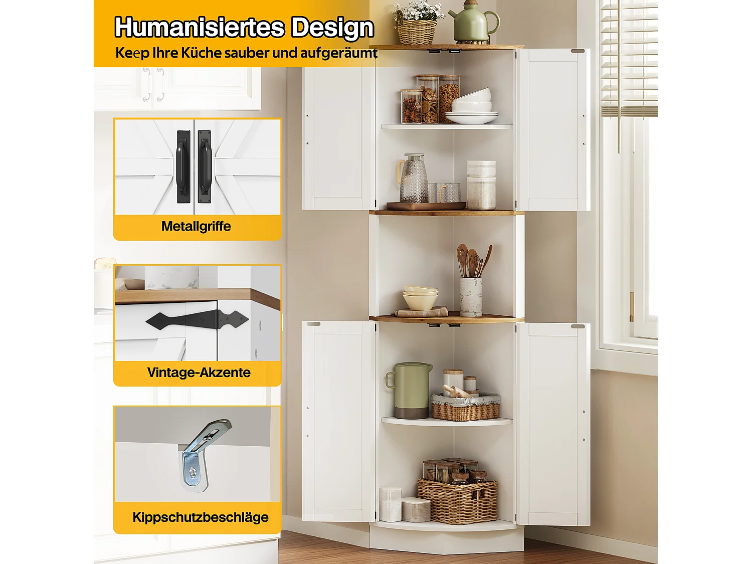 Komoda narożna - 39,5 x 39,5 x 180 cm - z 4 drzwiami - do kuchni i jadalni - MDF - biała