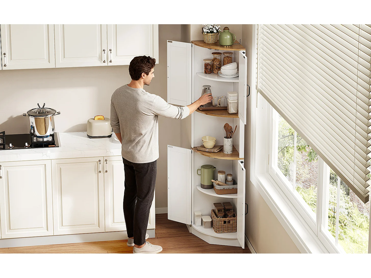 Komoda narożna - 39,5 x 39,5 x 180 cm - z 4 drzwiami - do kuchni i jadalni - MDF - biała