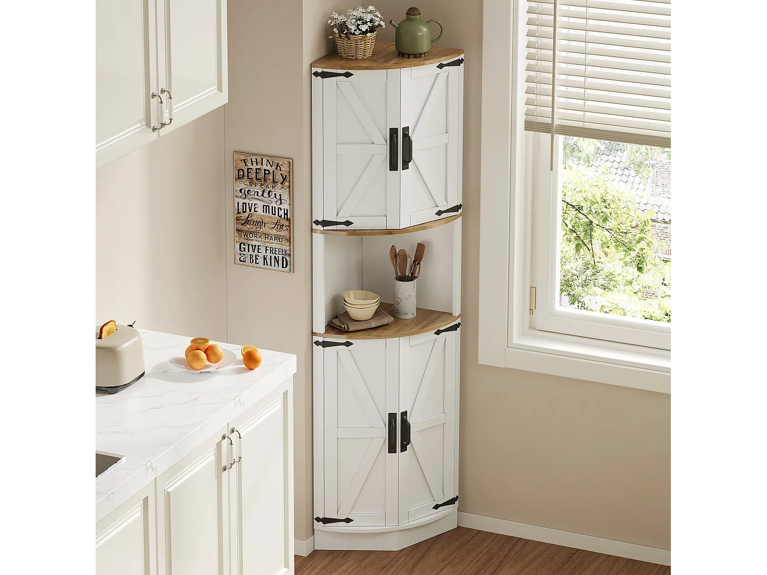 Meuble buffet d'angle - 39.5 x 39.5 x 180 cm - avec 4 portest - pour cuisines et salles à mange - MDF - blanc