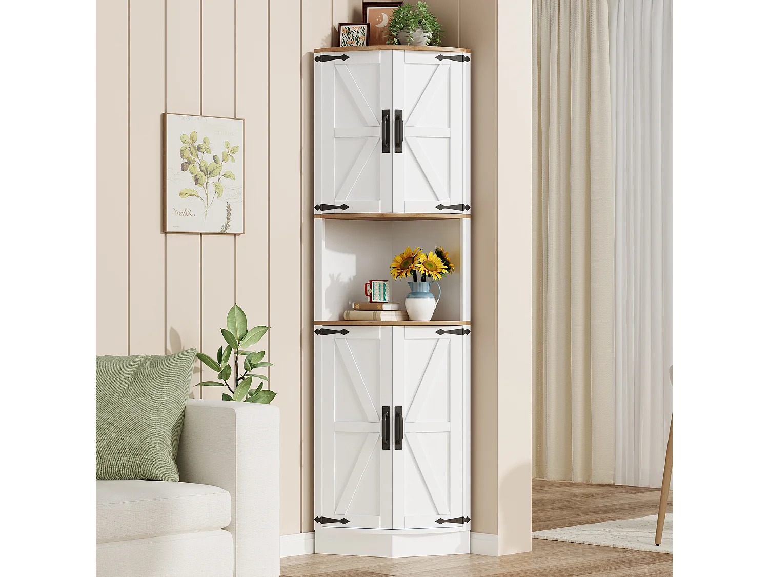 Meuble buffet d'angle - 39.5 x 39.5 x 180 cm - avec 4 portest - pour cuisines et salles à mange - MDF - blanc