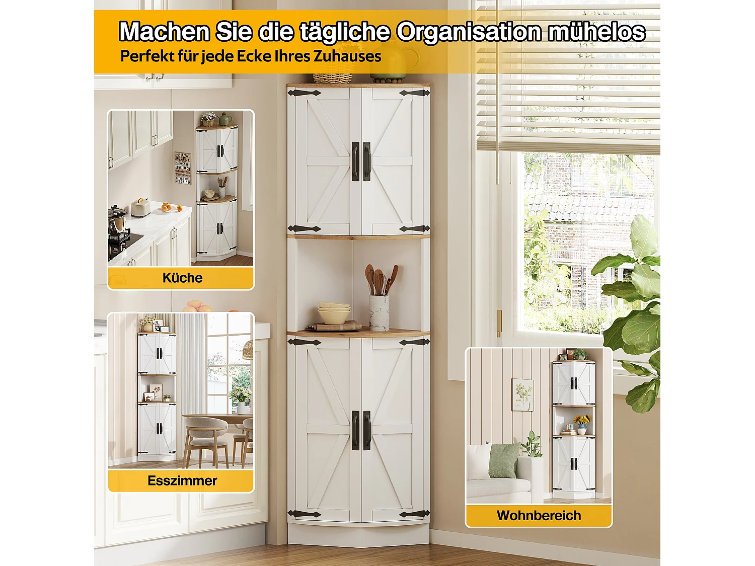 Meuble buffet d'angle - 39.5 x 39.5 x 180 cm - avec 4 portest - pour cuisines et salles à mange - MDF - blanc