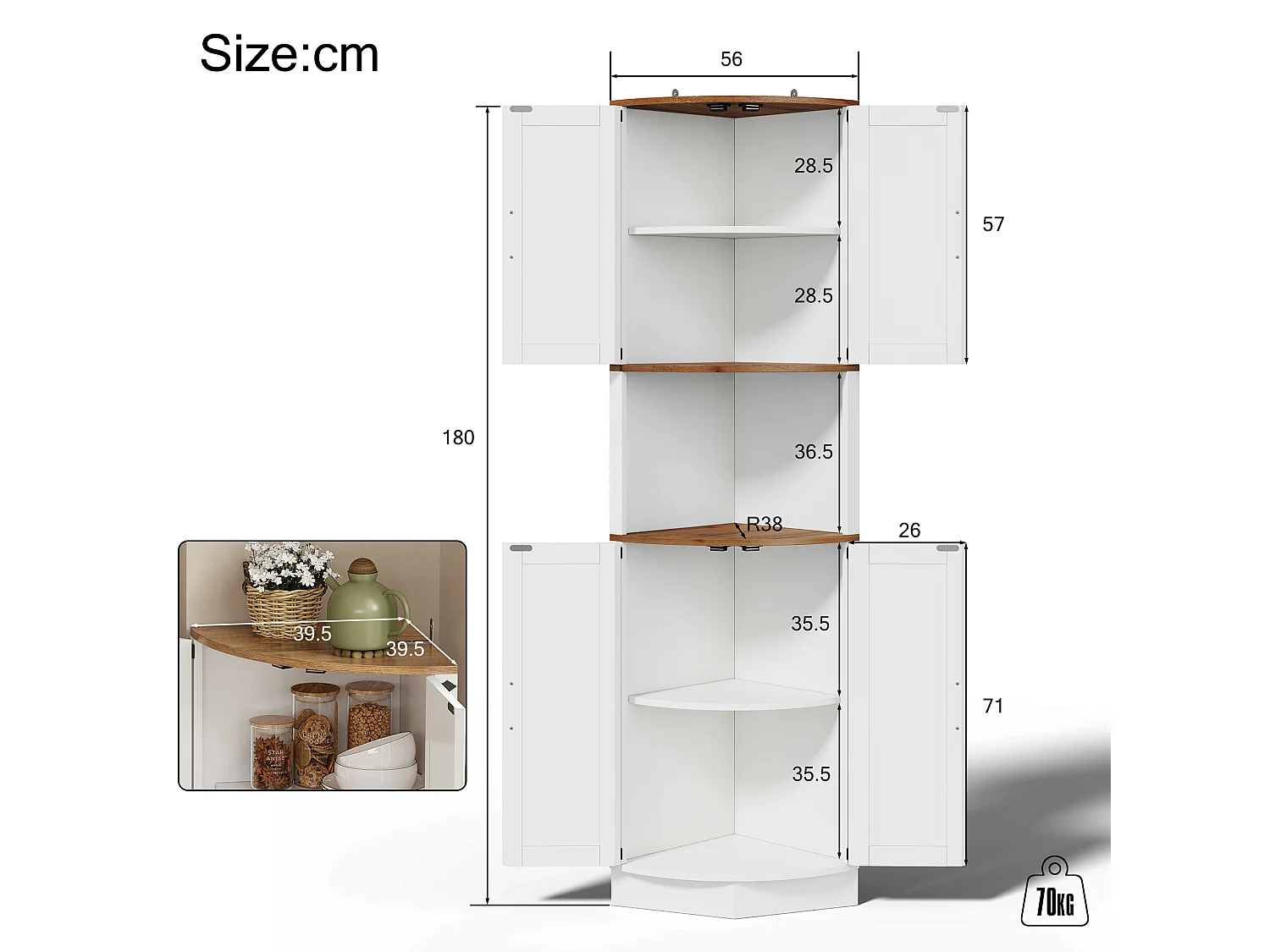 Meuble buffet d'angle - 39.5 x 39.5 x 180 cm - avec 4 portest - pour cuisines et salles à mange - MDF - blanc