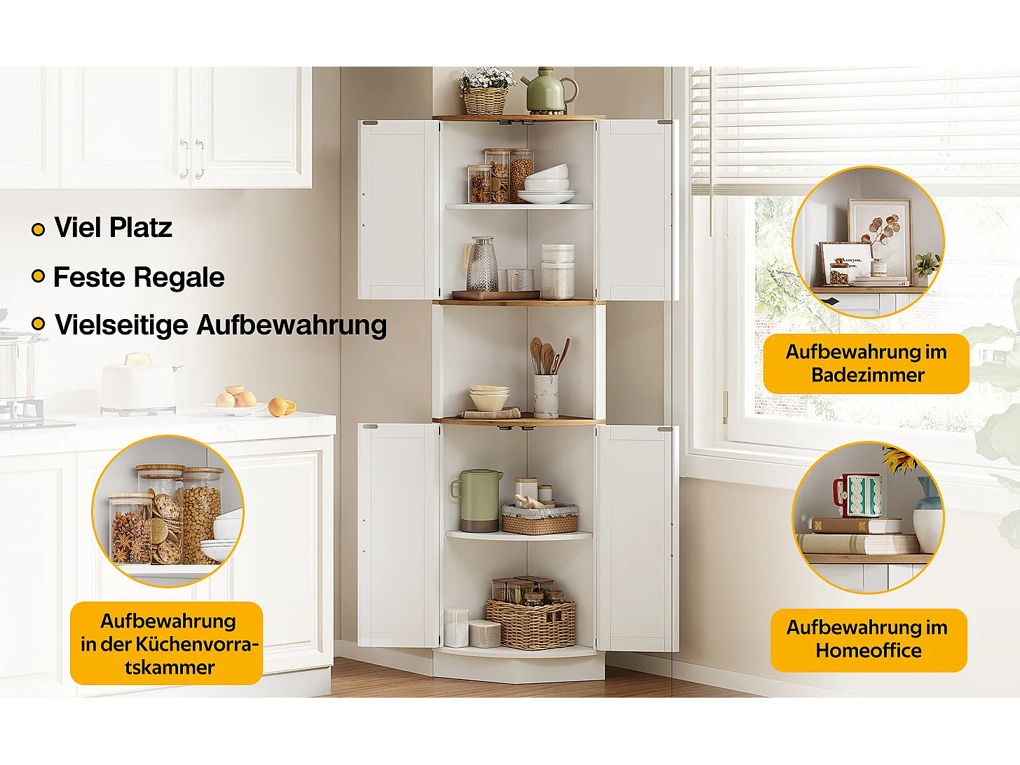 Meuble buffet d'angle - 39.5 x 39.5 x 180 cm - avec 4 portest - pour cuisines et salles à mange - MDF - blanc