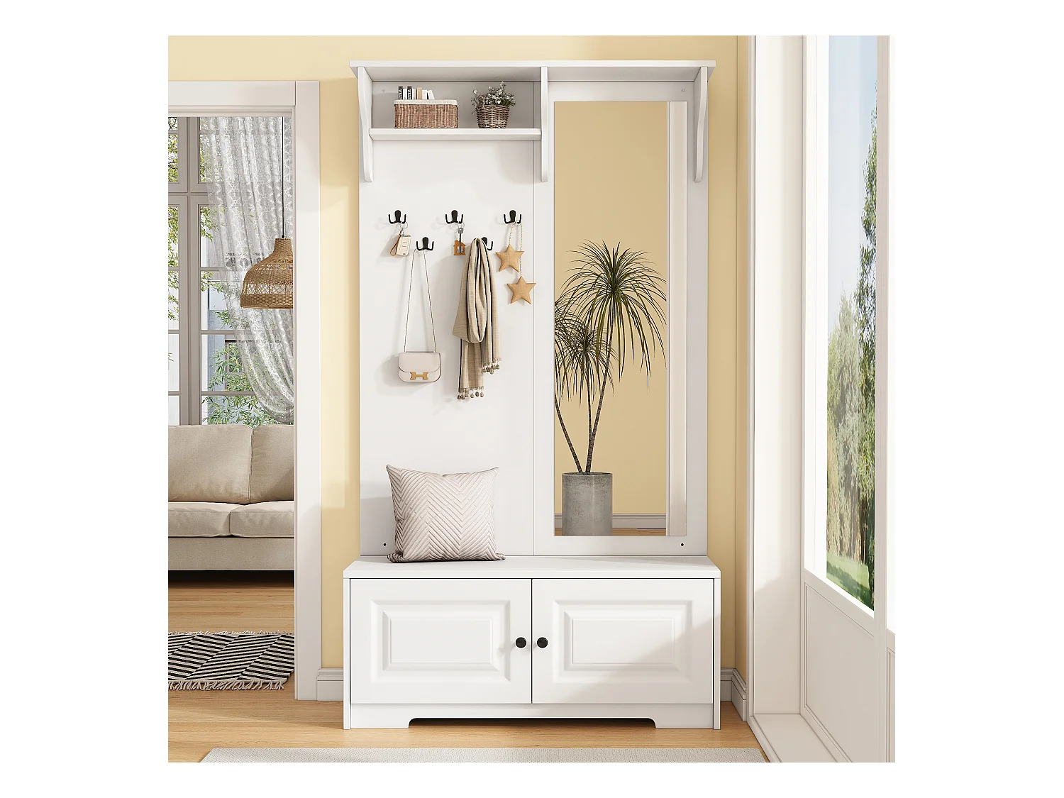 Vestiaire avec miroir + 5 patères + 2 portes et étagère - 100 x 40 x 180 cm - MDF - blanc