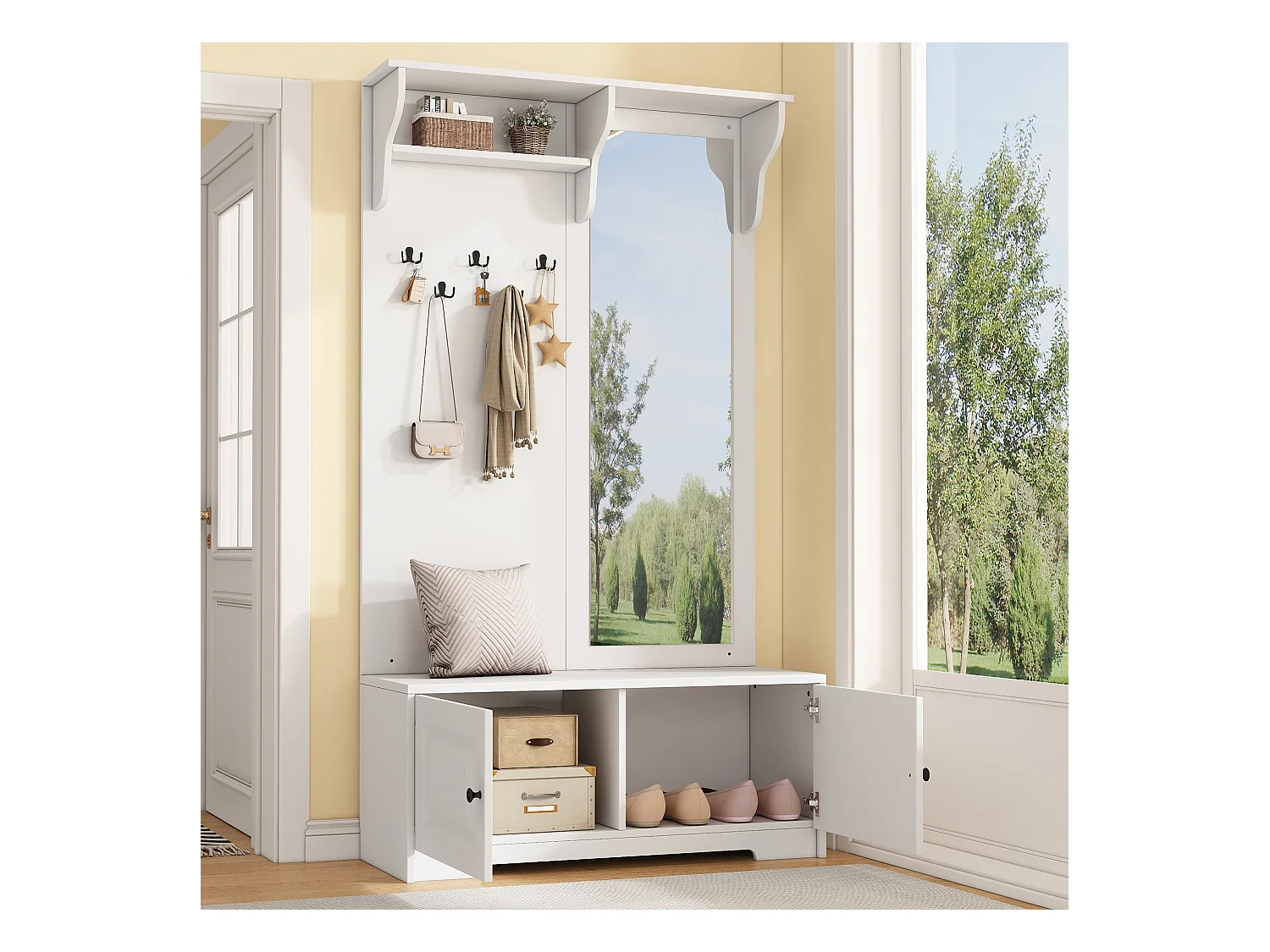 Vestiaire avec miroir + 5 patères + 2 portes et étagère - 100 x 40 x 180 cm - MDF - blanc