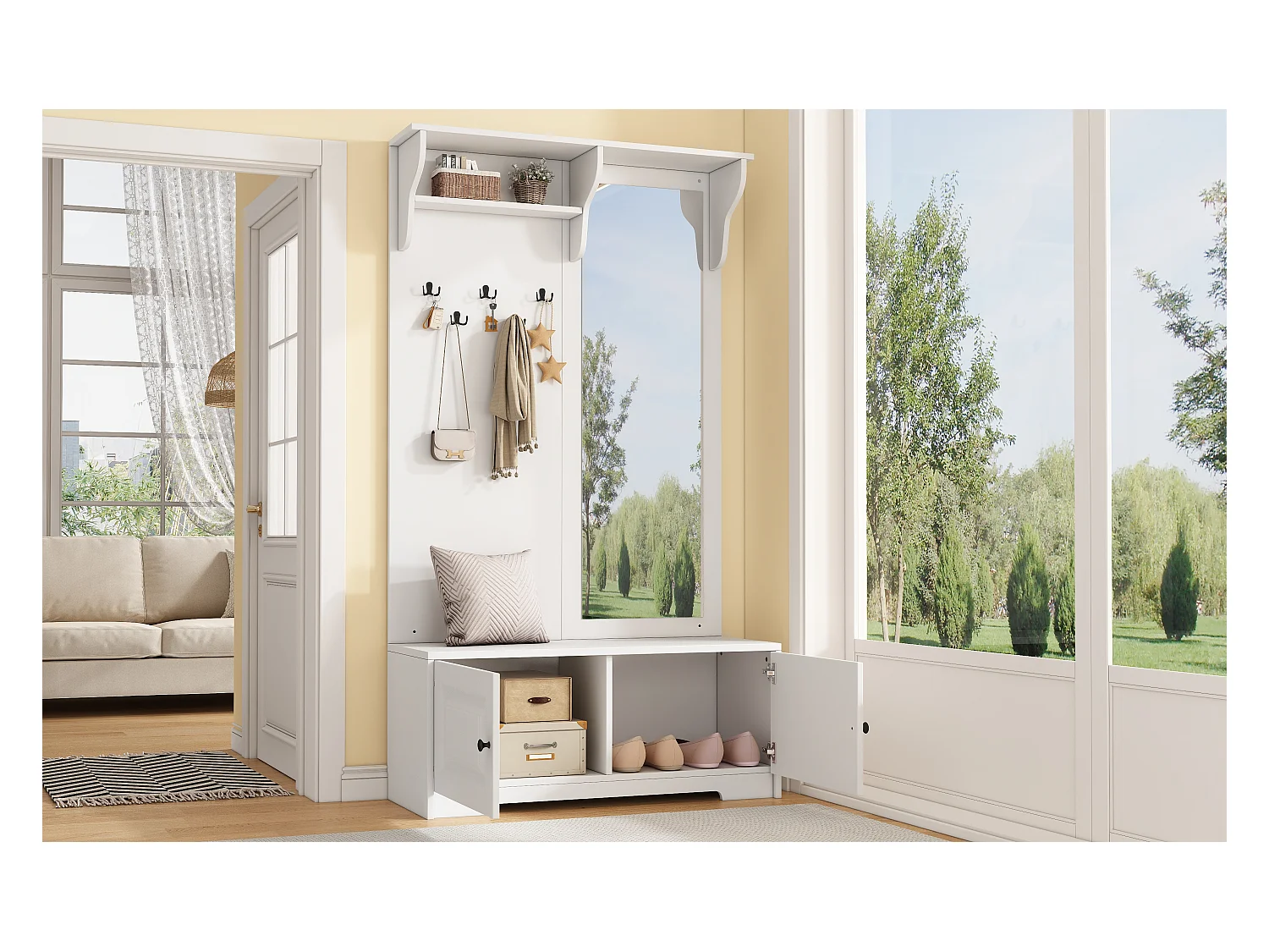 Vestiaire avec miroir + 5 patères + 2 portes et étagère - 100 x 40 x 180 cm - MDF - blanc