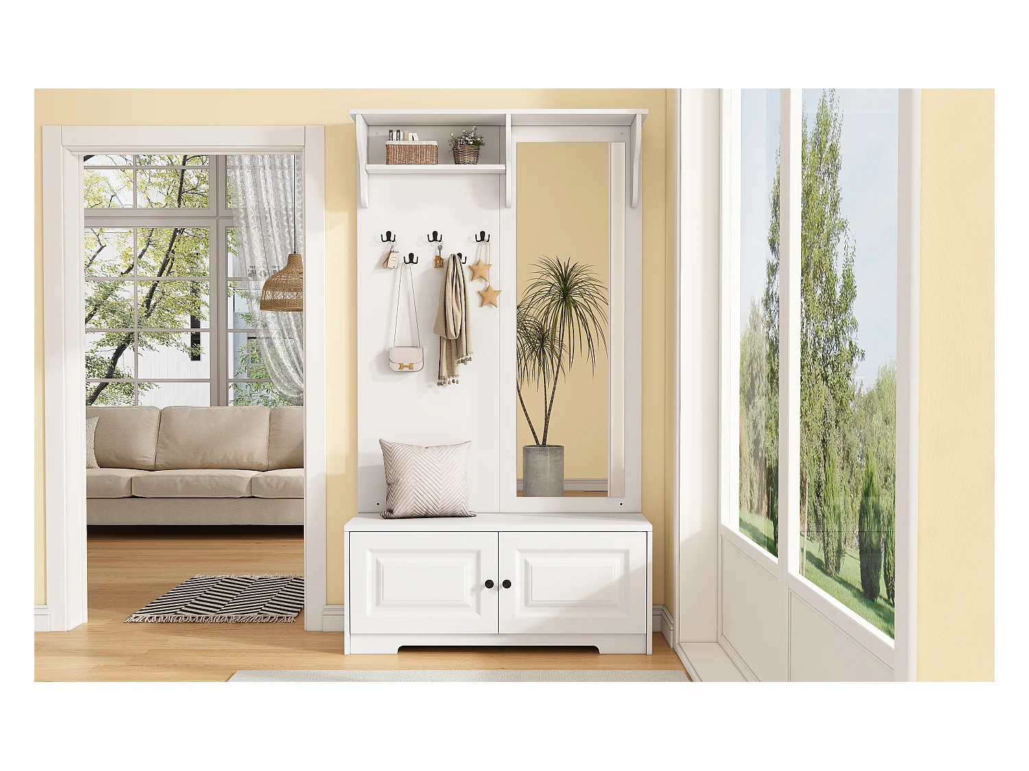 Vestiaire avec miroir + 5 patères + 2 portes et étagère - 100 x 40 x 180 cm - MDF - blanc