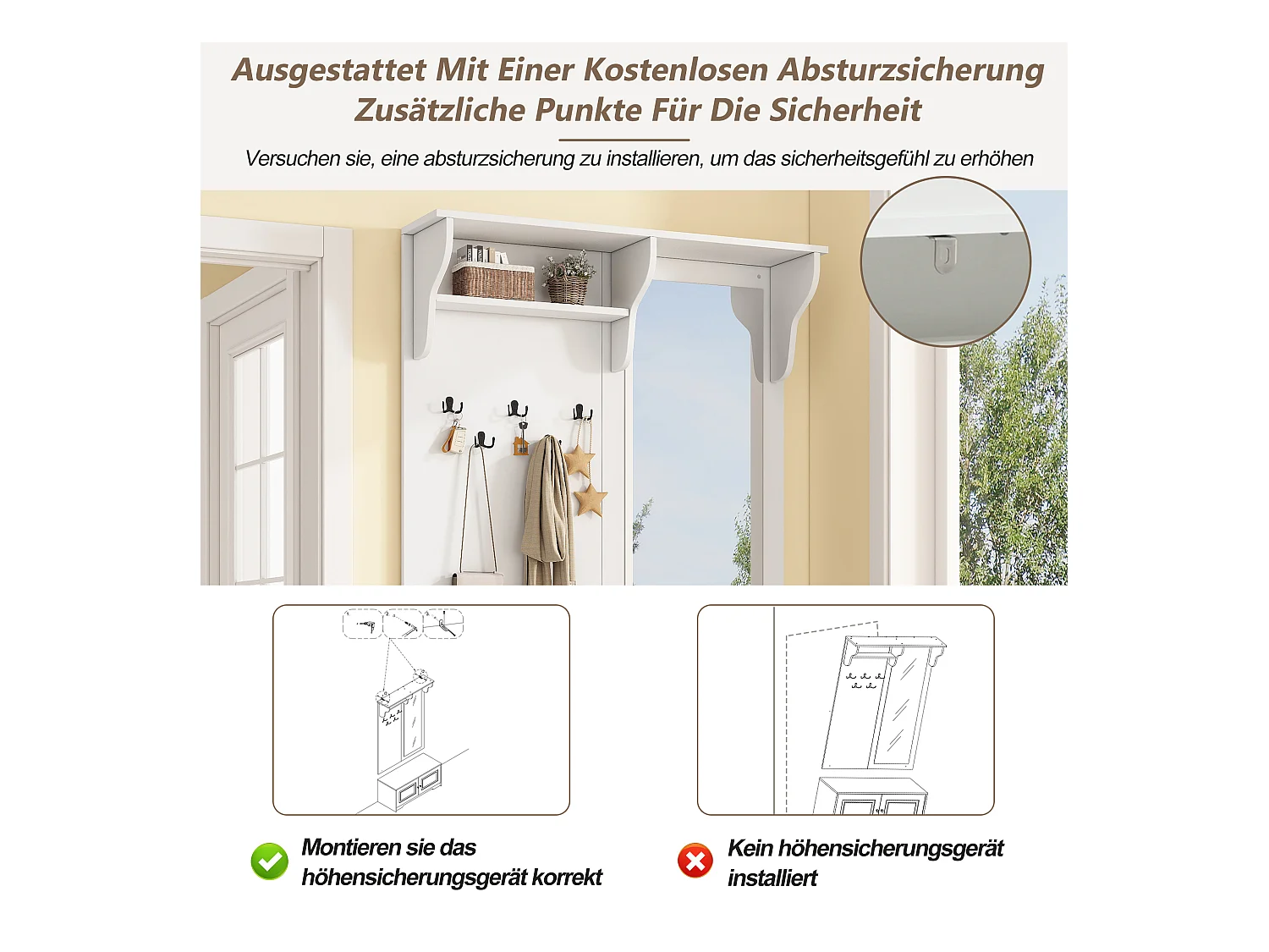 Vestiaire avec miroir + 5 patères + 2 portes et étagère - 100 x 40 x 180 cm - MDF - blanc