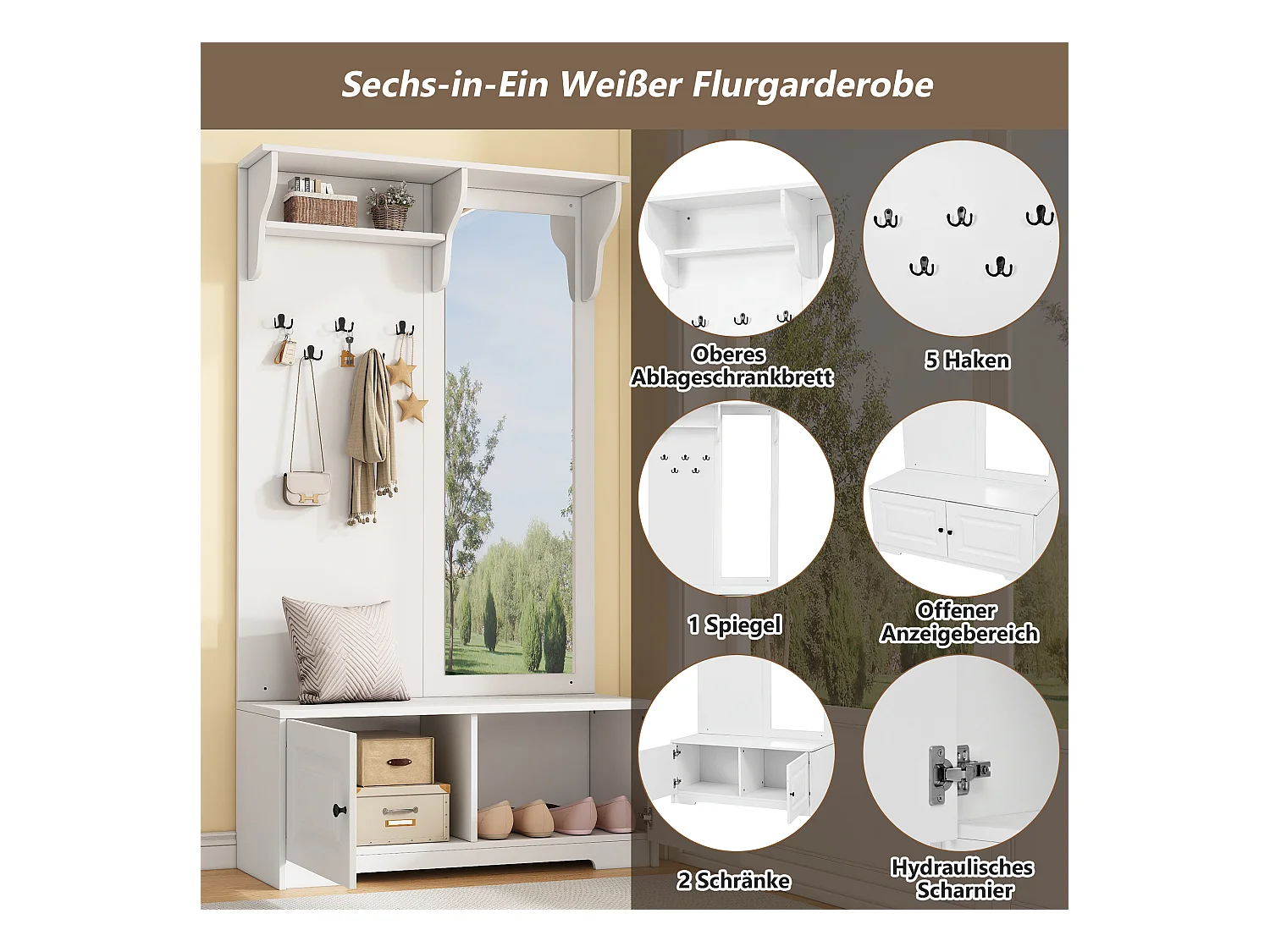 Vestiaire avec miroir + 5 patères + 2 portes et étagère - 100 x 40 x 180 cm - MDF - blanc