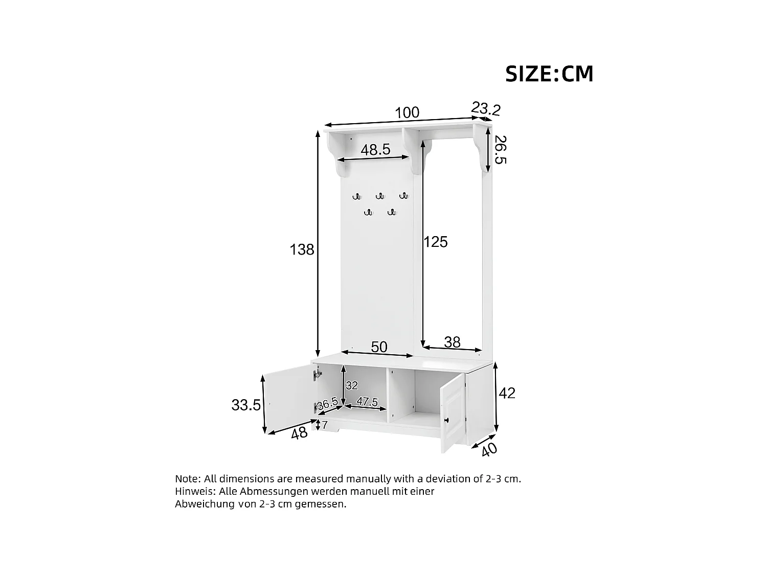 Vestiaire avec miroir + 5 patères + 2 portes et étagère - 100 x 40 x 180 cm - MDF - blanc