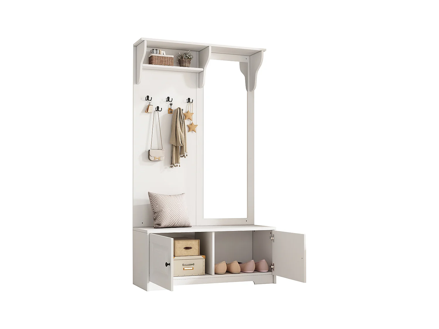 Vestiaire avec miroir + 5 patères + 2 portes et étagère - 100 x 40 x 180 cm - MDF - blanc
