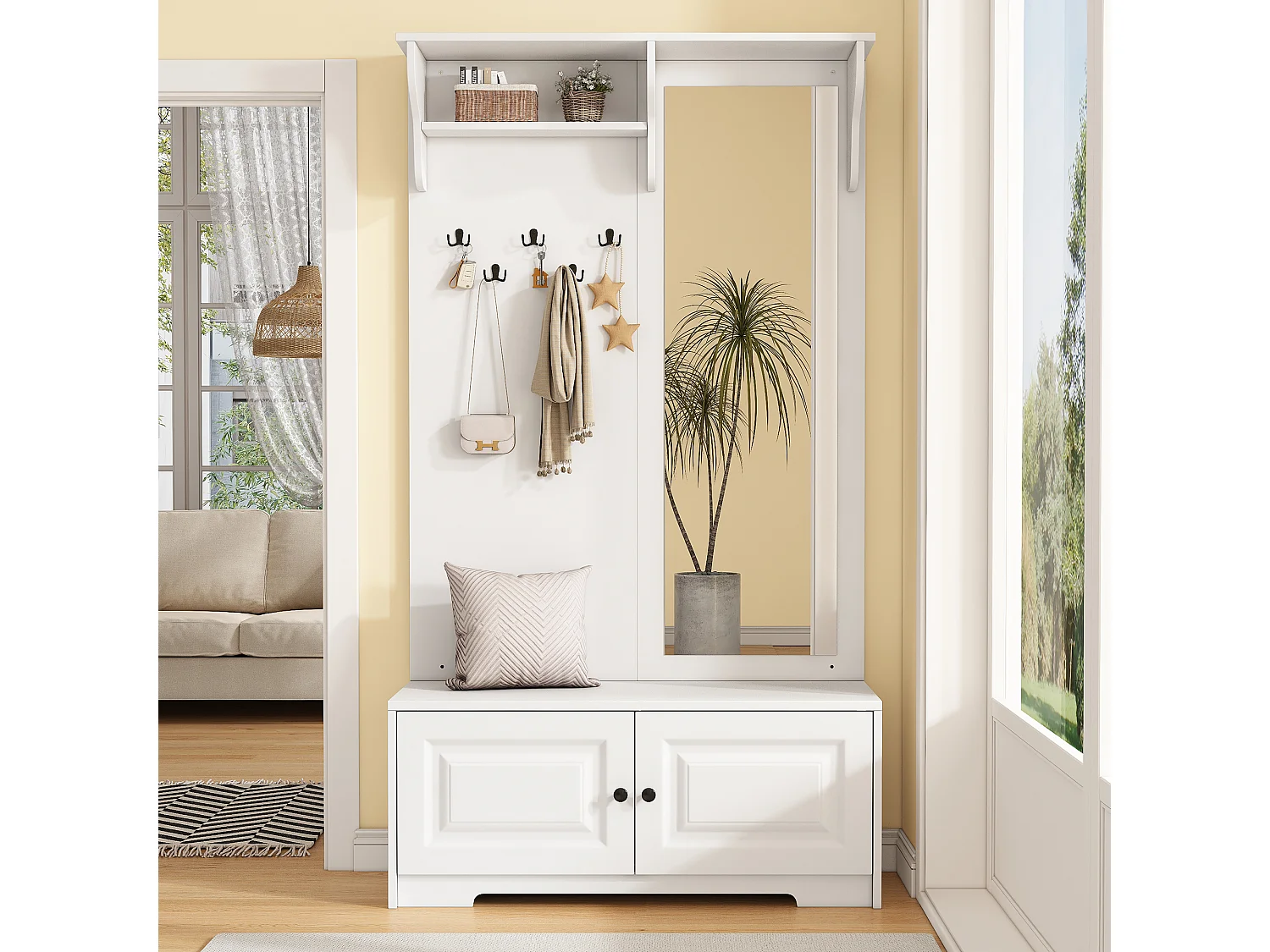 Vestiaire avec miroir + 5 patères + 2 portes et étagère - 100 x 40 x 180 cm - MDF - blanc