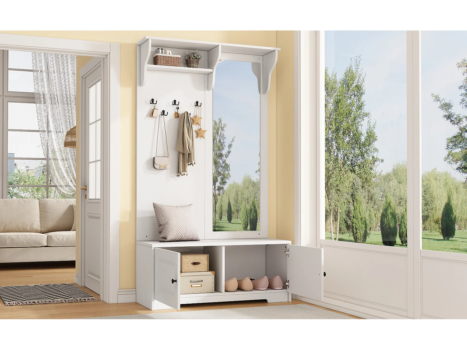 Vestiaire avec miroir + 5 patères + 2 portes et étagère - 100 x 40 x 180 cm - MDF - blanc