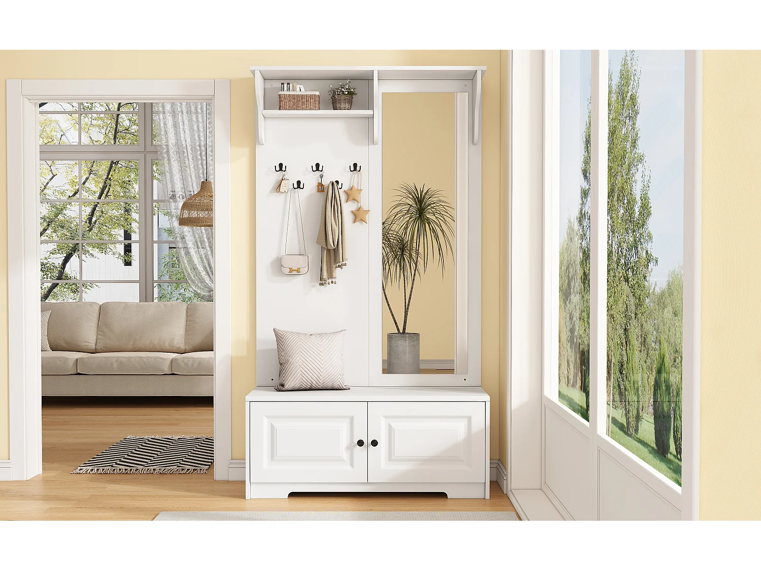 Vestiaire avec miroir + 5 patères + 2 portes et étagère - 100 x 40 x 180 cm - MDF - blanc