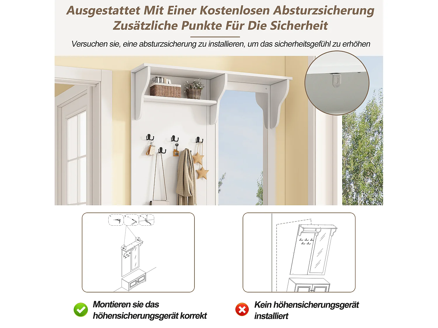 Vestiaire avec miroir + 5 patères + 2 portes et étagère - 100 x 40 x 180 cm - MDF - blanc