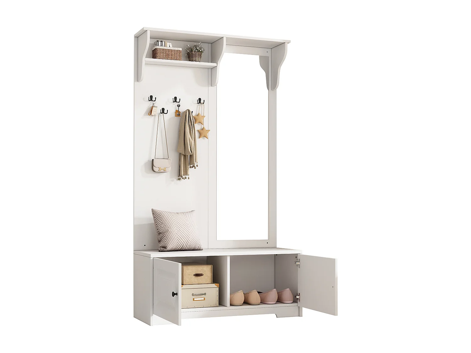 Vestiaire avec miroir + 5 patères + 2 portes et étagère - 100 x 40 x 180 cm - MDF - blanc