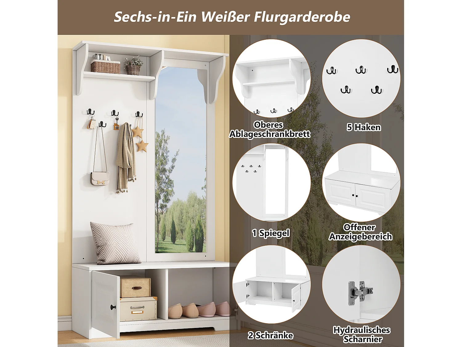 Guarda-roupa com espelho + 5 ganchos + 2 portas e prateleira - 100 x 40 x 180 cm - MDF - branco