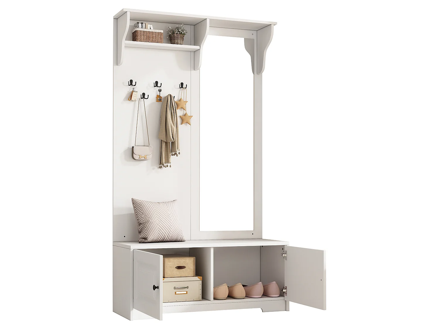 Guarda-roupa com espelho + 5 ganchos + 2 portas e prateleira - 100 x 40 x 180 cm - MDF - branco