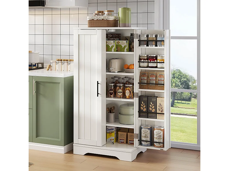 Buffet de cuisine haut - 60 x 40 x 120 cm - avec Leds + 2 portes avec étagères réglables et étagères de porte - MDF - blanc