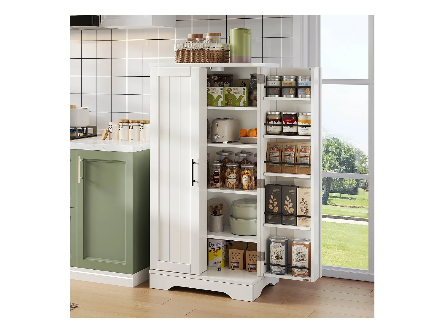 Buffet de cuisine haut - 60 x 40 x 120 cm - avec Leds + 2 portes avec étagères réglables et étagères de porte - MDF - blanc