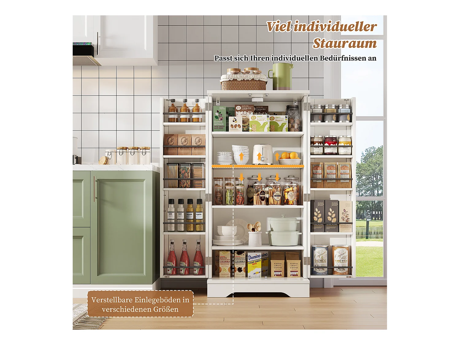 Buffet de cuisine haut - 60 x 40 x 120 cm - avec Leds + 2 portes avec étagères réglables et étagères de porte - MDF - blanc