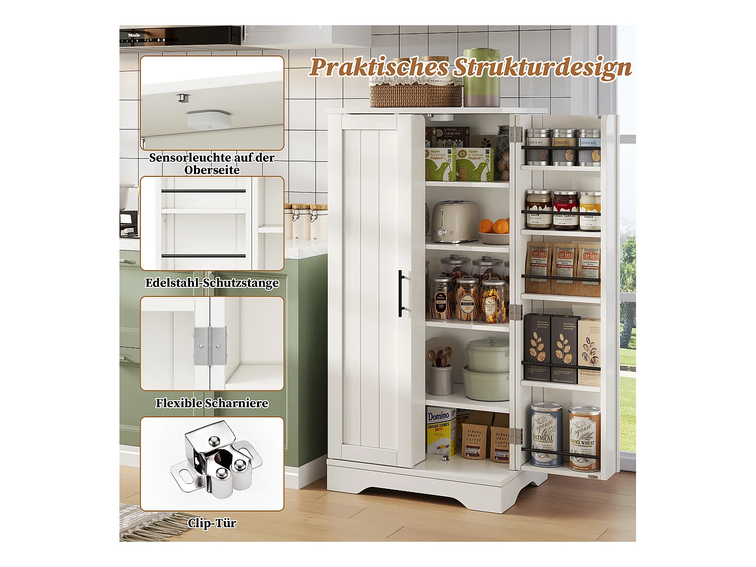 Buffet de cuisine haut - 60 x 40 x 120 cm - avec Leds + 2 portes avec étagères réglables et étagères de porte - MDF - blanc