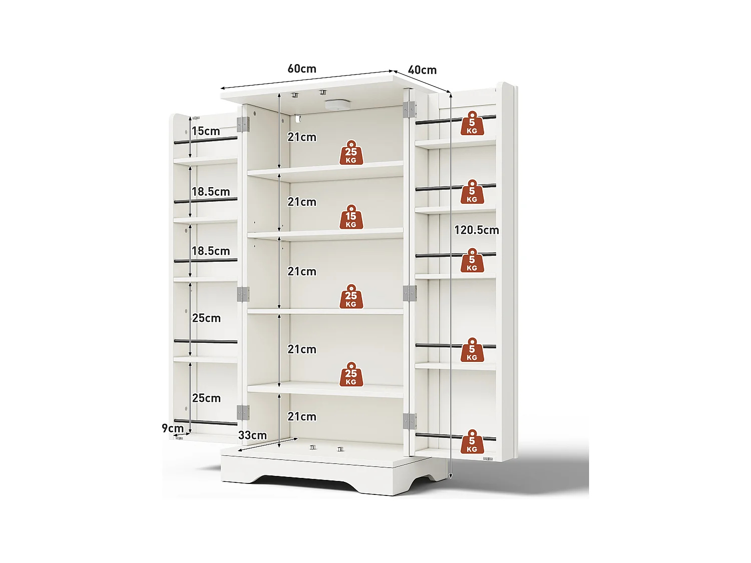 Buffet de cuisine haut - 60 x 40 x 120 cm - avec Leds + 2 portes avec étagères réglables et étagères de porte - MDF - blanc