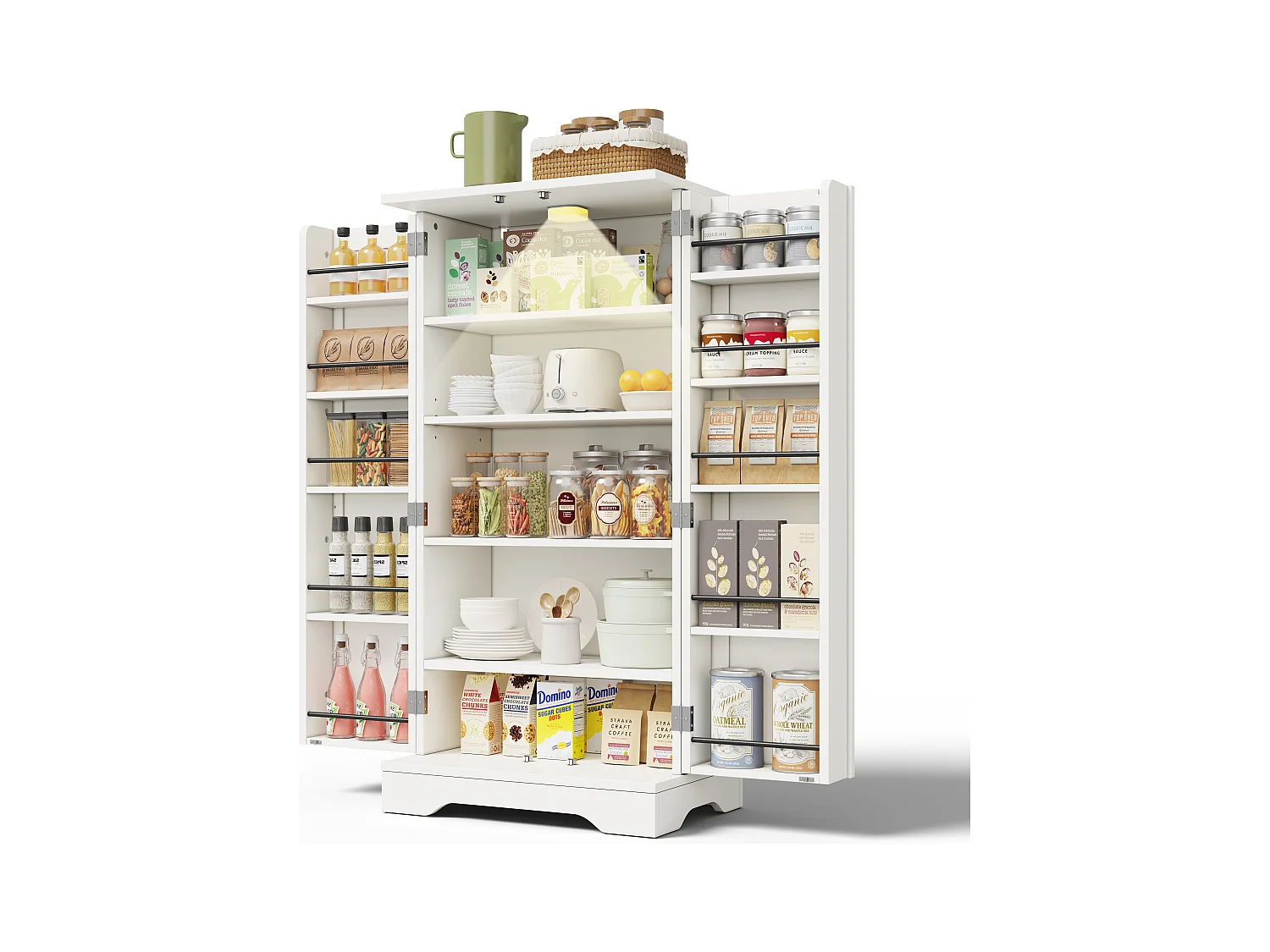 Buffet de cuisine haut - 60 x 40 x 120 cm - avec Leds + 2 portes avec étagères réglables et étagères de porte - MDF - blanc