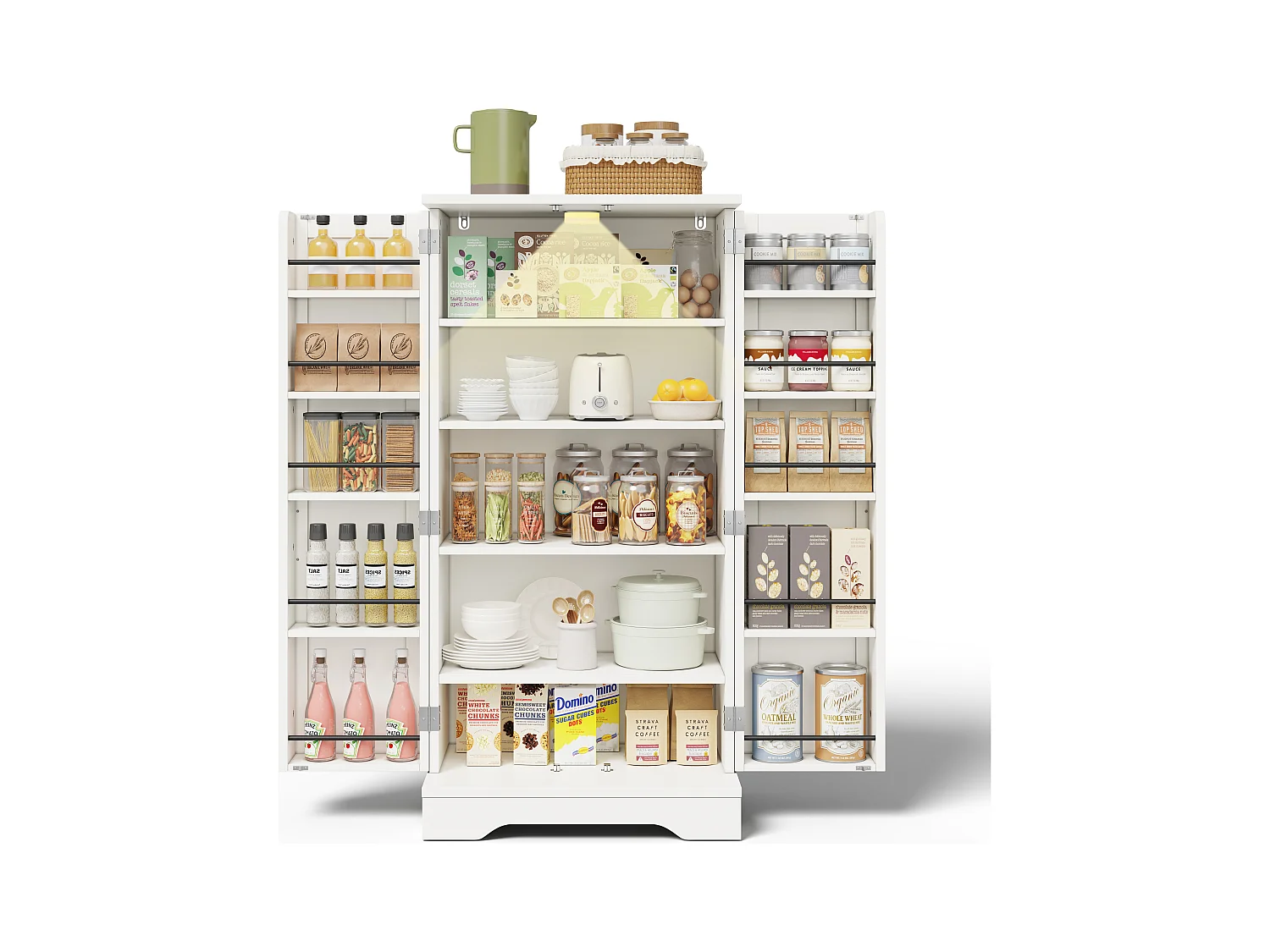 Buffet de cuisine haut - 60 x 40 x 120 cm - avec Leds + 2 portes avec étagères réglables et étagères de porte - MDF - blanc