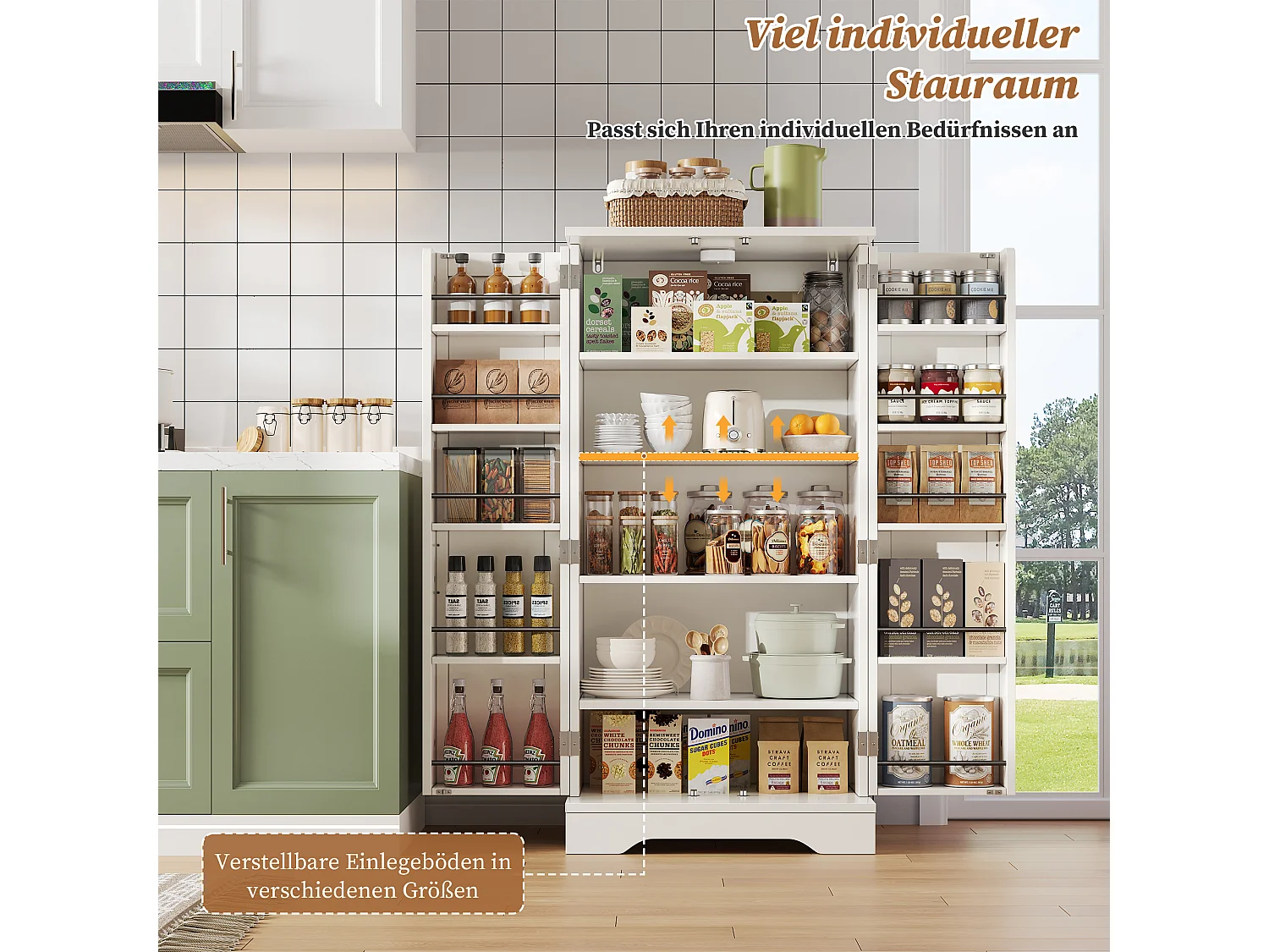 Buffet de cuisine haut - 60 x 40 x 120 cm - avec Leds + 2 portes avec étagères réglables et étagères de porte - MDF - blanc