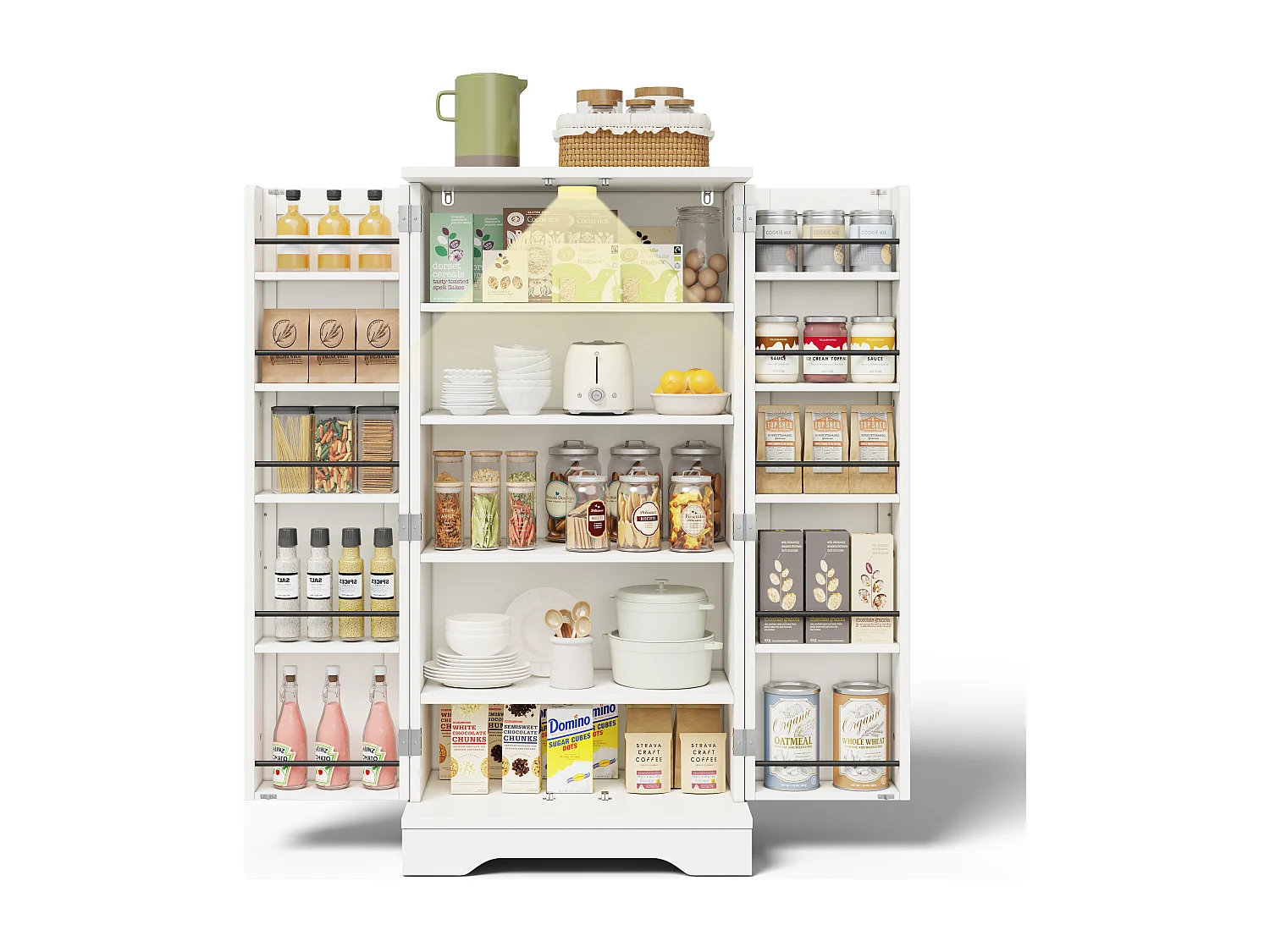 Buffet de cuisine haut - 60 x 40 x 120 cm - avec Leds + 2 portes avec étagères réglables et étagères de porte - MDF - blanc