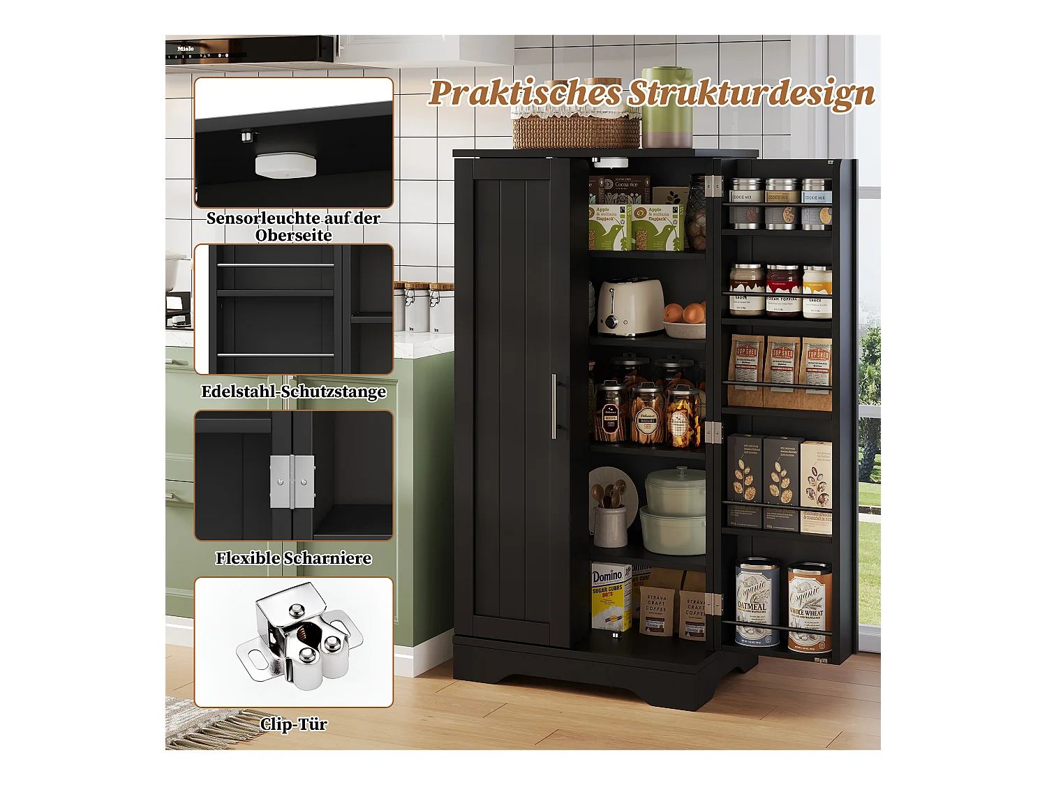 Buffet de cuisine haut - 60 x 40 x 120 cm - avec Leds + 2 portes avec étagères réglables et étagères de porte - MDF - noir