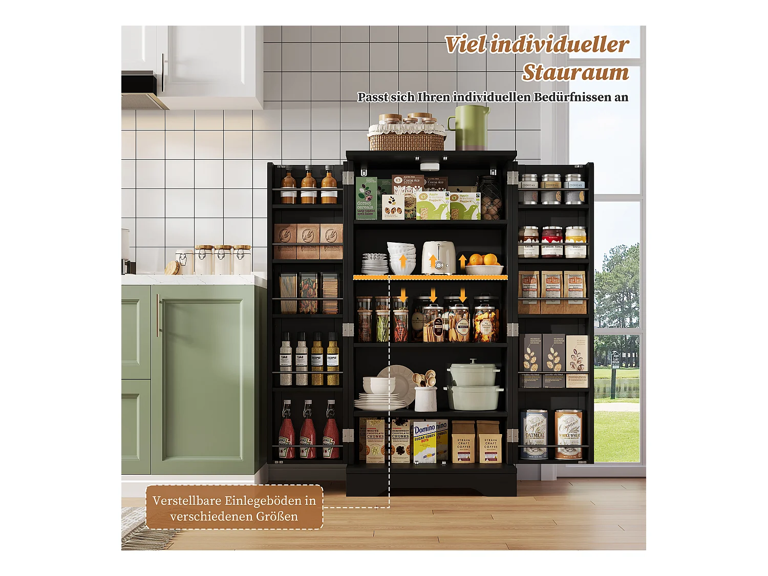 Buffet de cuisine haut - 60 x 40 x 120 cm - avec Leds + 2 portes avec étagères réglables et étagères de porte - MDF - noir