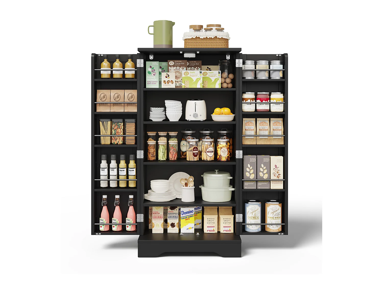 Buffet de cuisine haut - 60 x 40 x 120 cm - avec Leds + 2 portes avec étagères réglables et étagères de porte - MDF - noir