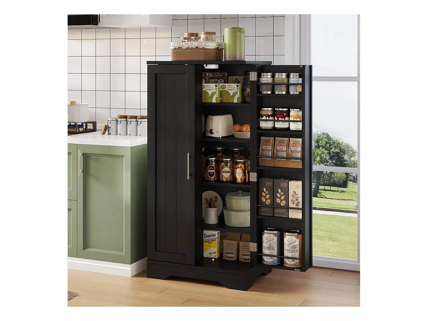Buffet de cuisine haut - 60 x 40 x 120 cm - avec Leds + 2 portes avec étagères réglables et étagères de porte - MDF - noir