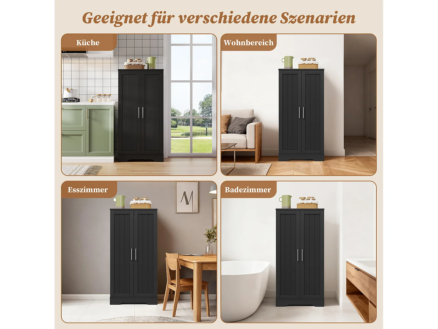 Buffet de cuisine haut - 60 x 40 x 120 cm - avec Leds + 2 portes avec étagères réglables et étagères de porte - MDF - noir