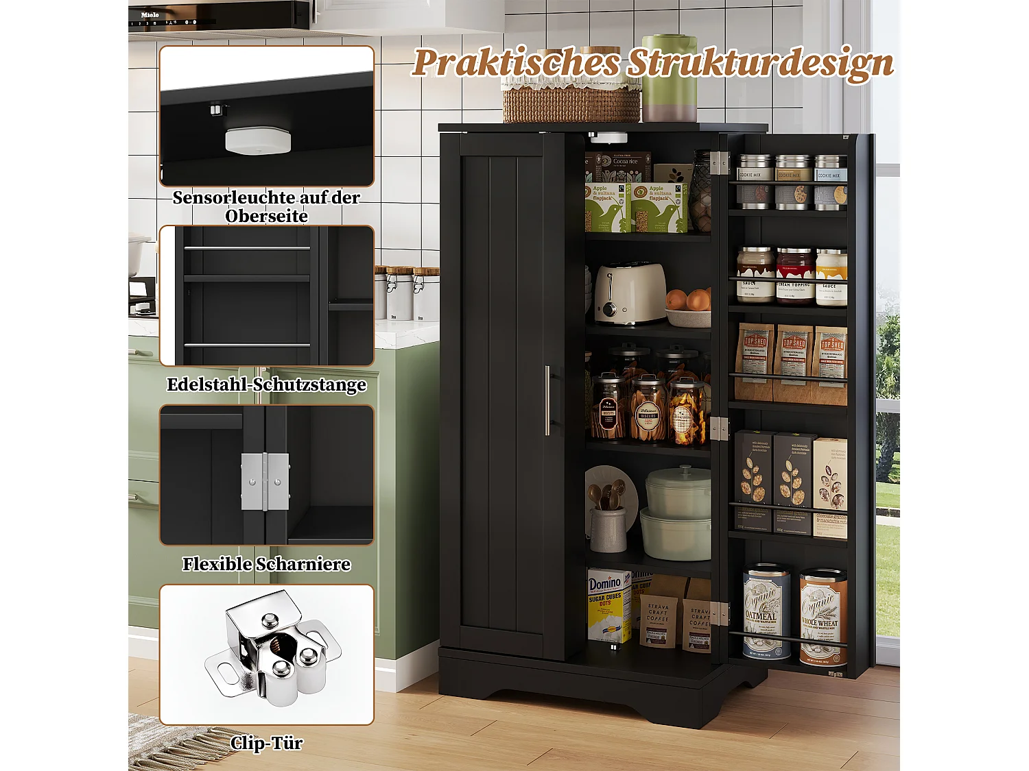 Buffet de cuisine haut - 60 x 40 x 120 cm - avec Leds + 2 portes avec étagères réglables et étagères de porte - MDF - noir