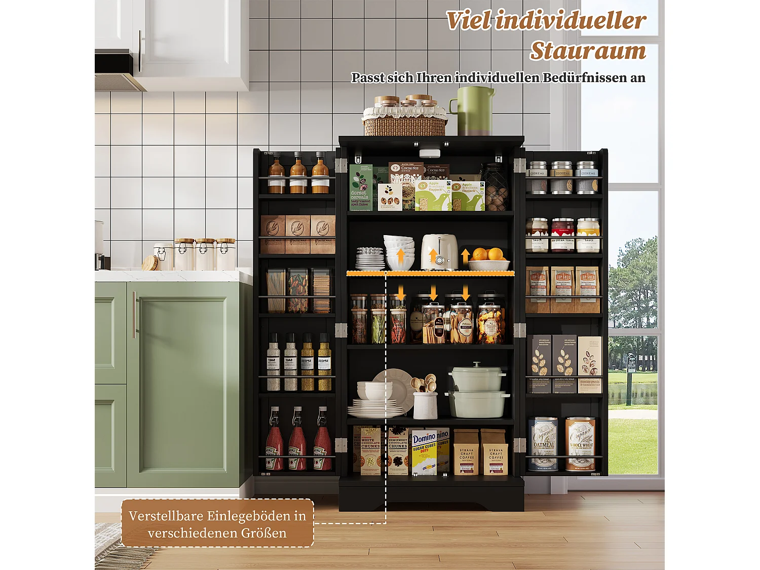 Buffet de cuisine haut - 60 x 40 x 120 cm - avec Leds + 2 portes avec étagères réglables et étagères de porte - MDF - noir