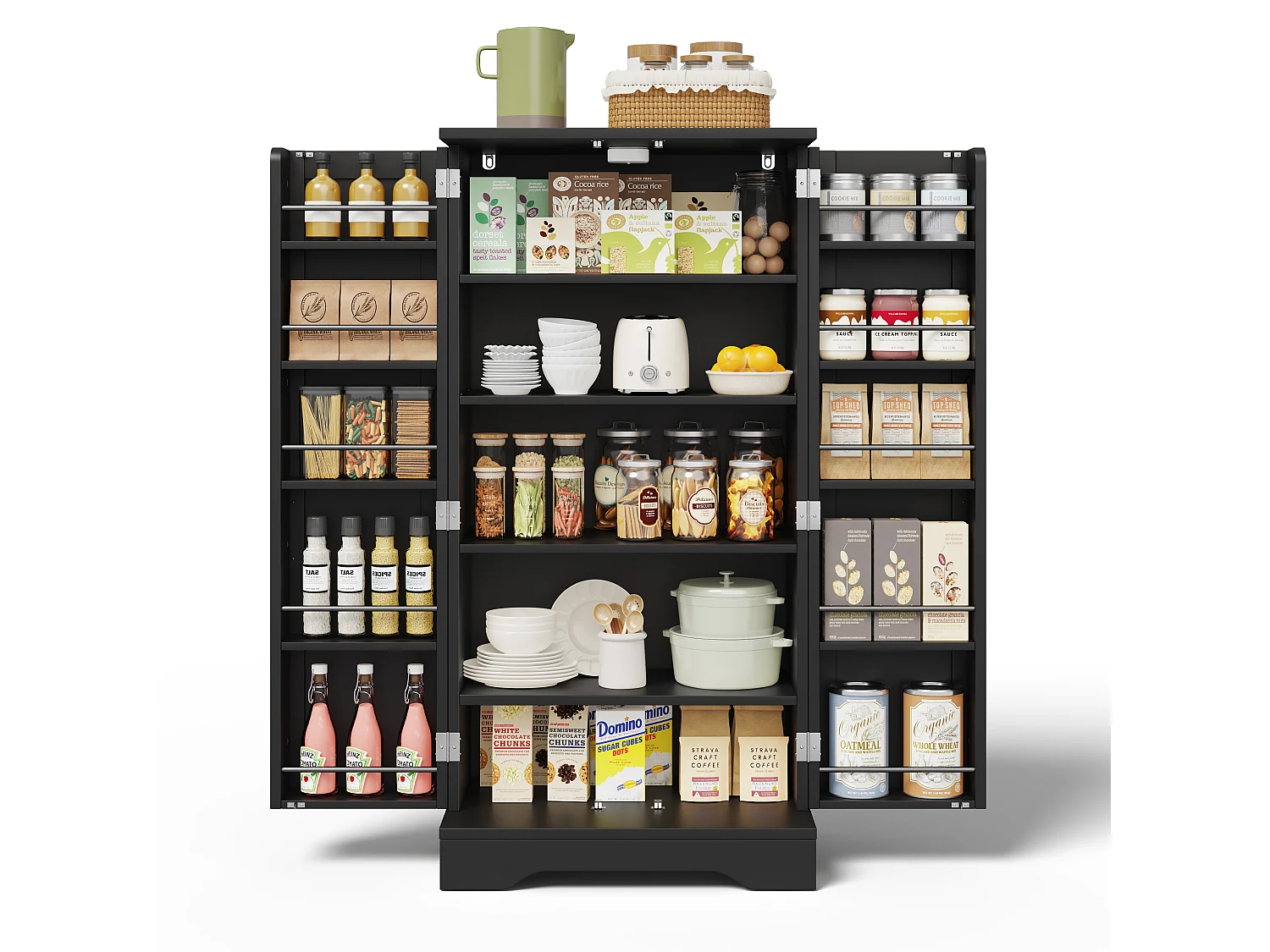 Buffet de cuisine haut - 60 x 40 x 120 cm - avec Leds + 2 portes avec étagères réglables et étagères de porte - MDF - noir