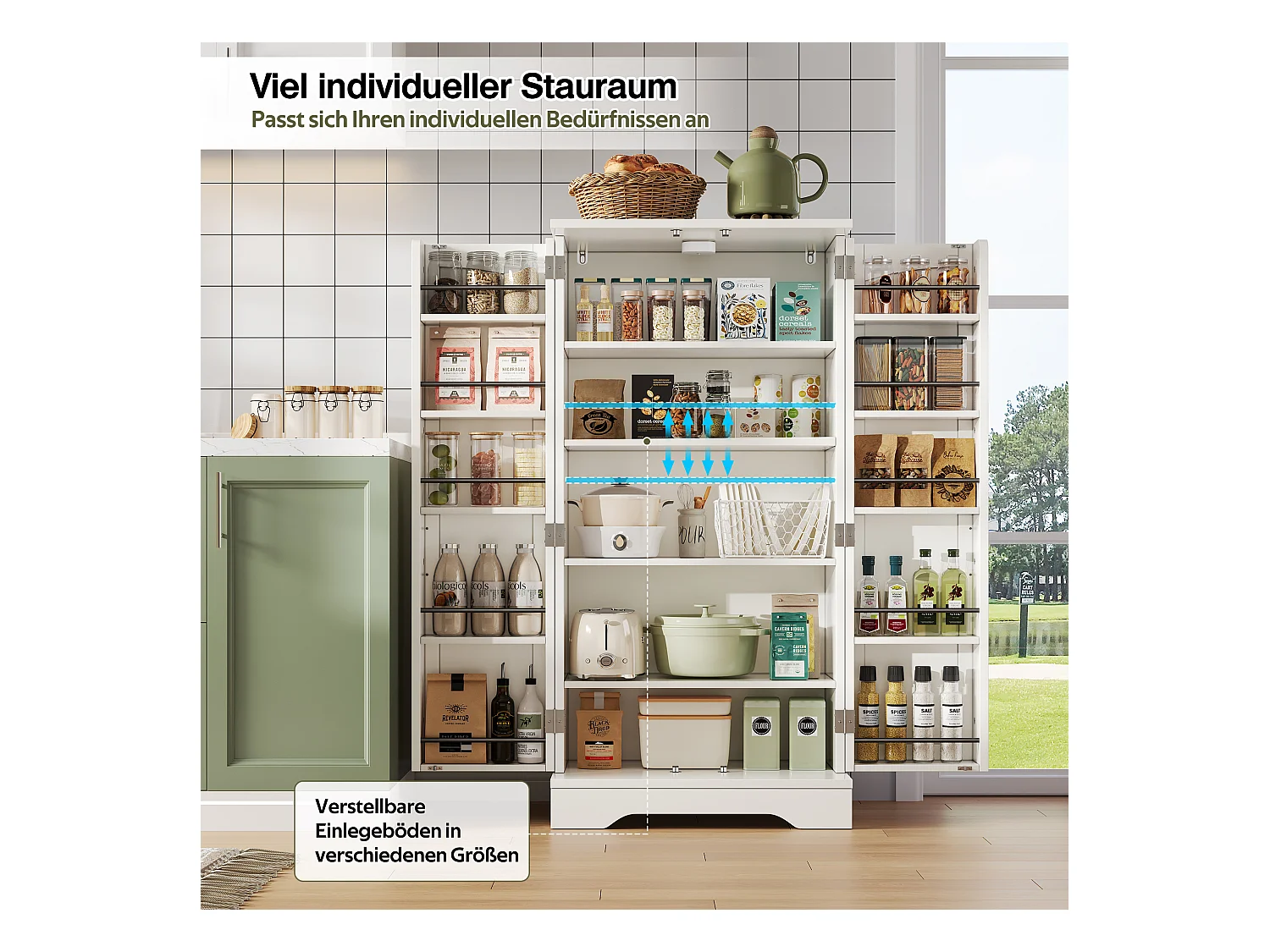 Buffet de cuisine haut - 60 x 40 x 120 cm - avec Leds + 2 portes avec étagères réglables et étagères de porte - MDF - blanc