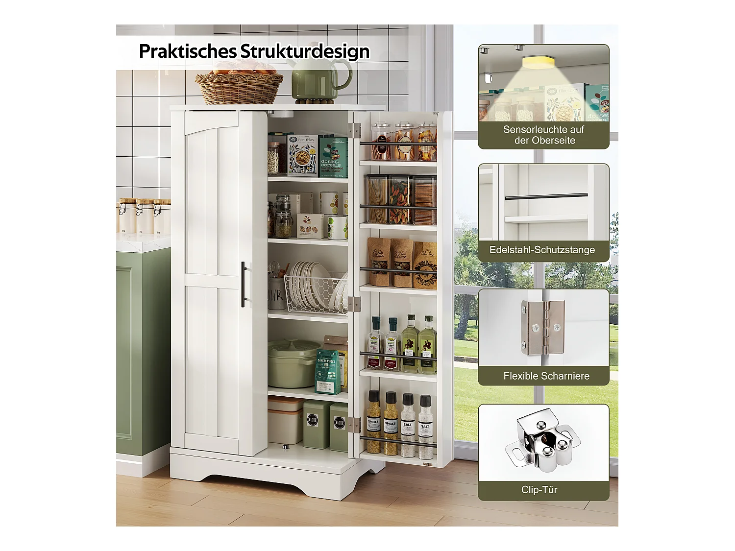 Buffet de cuisine haut - 60 x 40 x 120 cm - avec Leds + 2 portes avec étagères réglables et étagères de porte - MDF - blanc