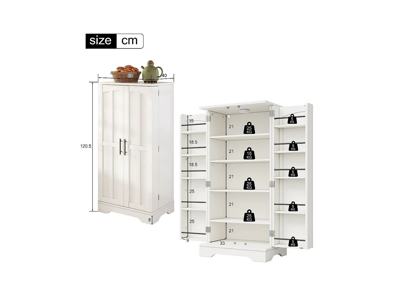 Buffet de cuisine haut - 60 x 40 x 120 cm - avec Leds + 2 portes avec étagères réglables et étagères de porte - MDF - blanc