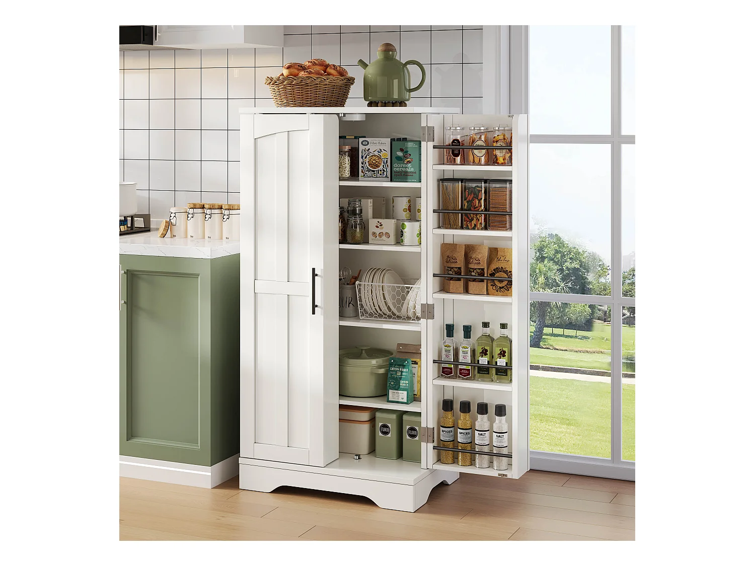 Buffet de cuisine haut - 60 x 40 x 120 cm - avec Leds + 2 portes avec étagères réglables et étagères de porte - MDF - blanc