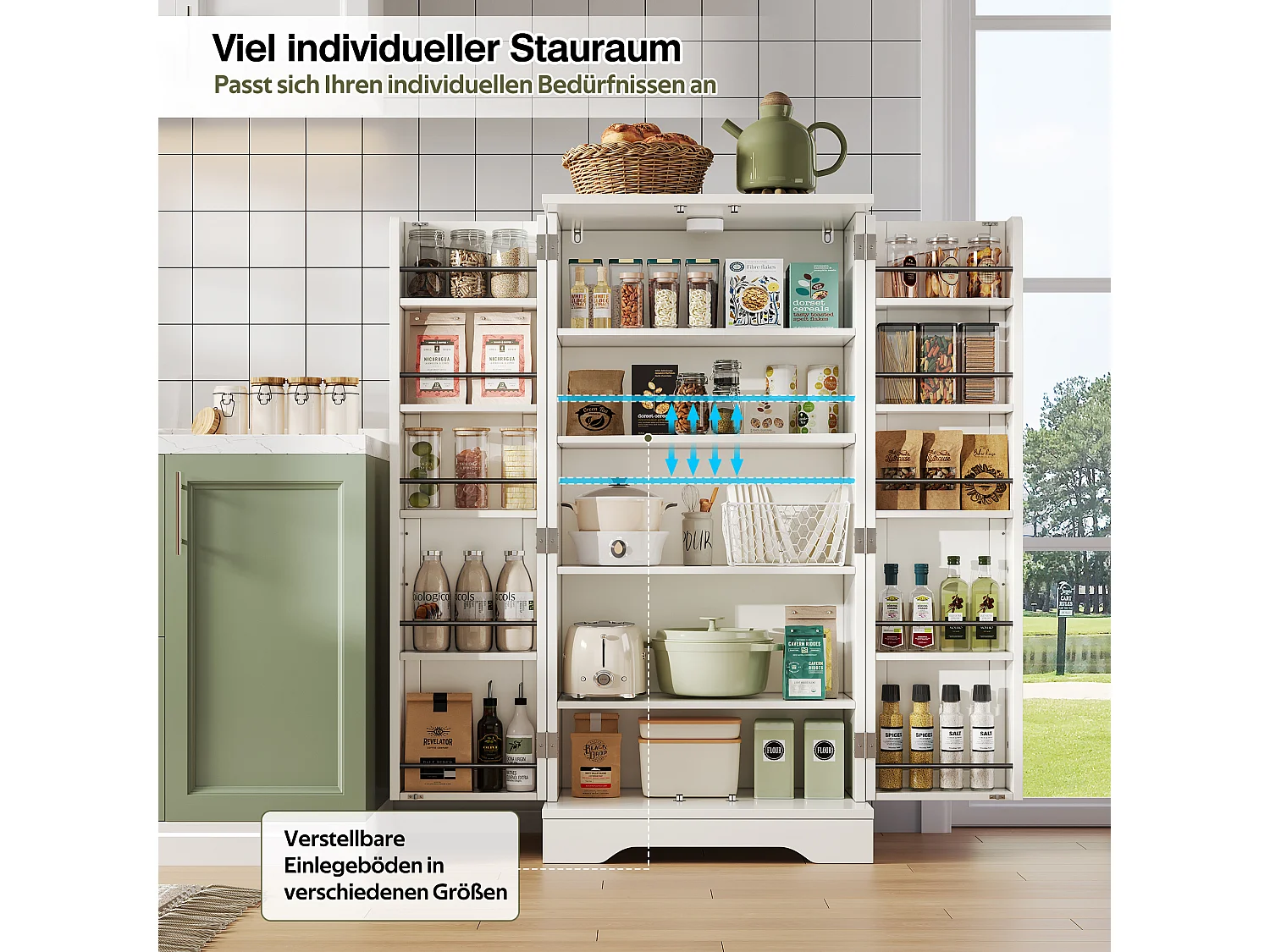 Aparador alto de cocina - 60 x 40 x 120 cm - con LED + 2 puertas con estantes regulables y baldas en la puerta - MDF - blanco