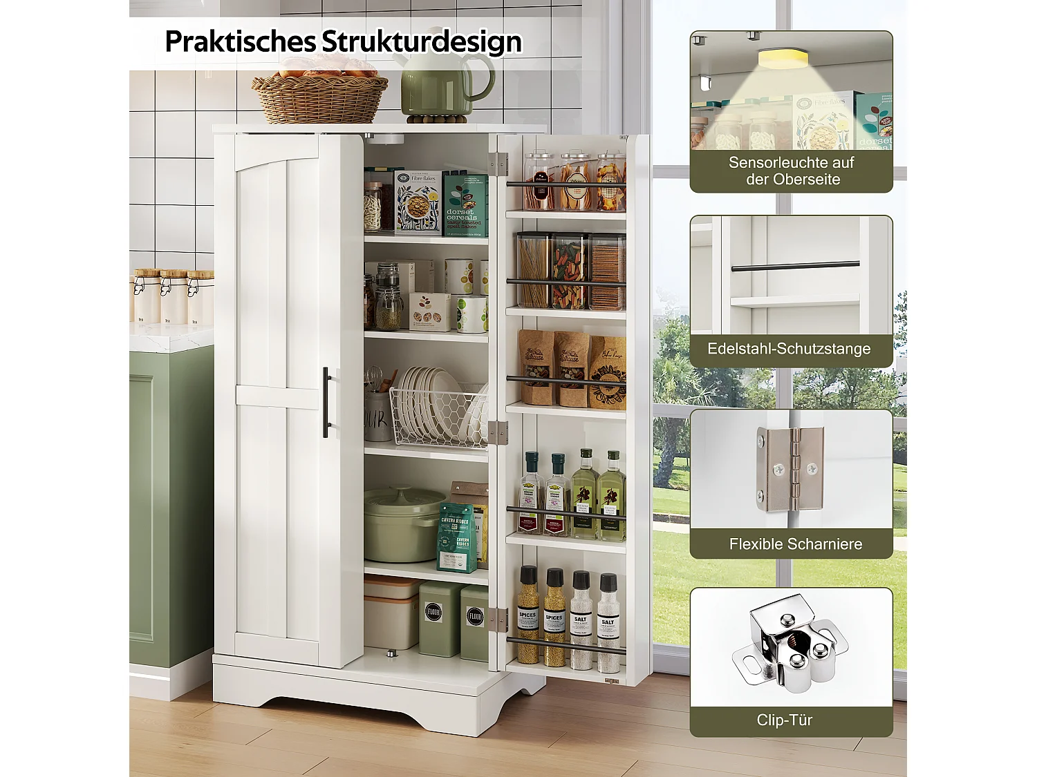 Aparador alto de cocina - 60 x 40 x 120 cm - con LED + 2 puertas con estantes regulables y baldas en la puerta - MDF - blanco