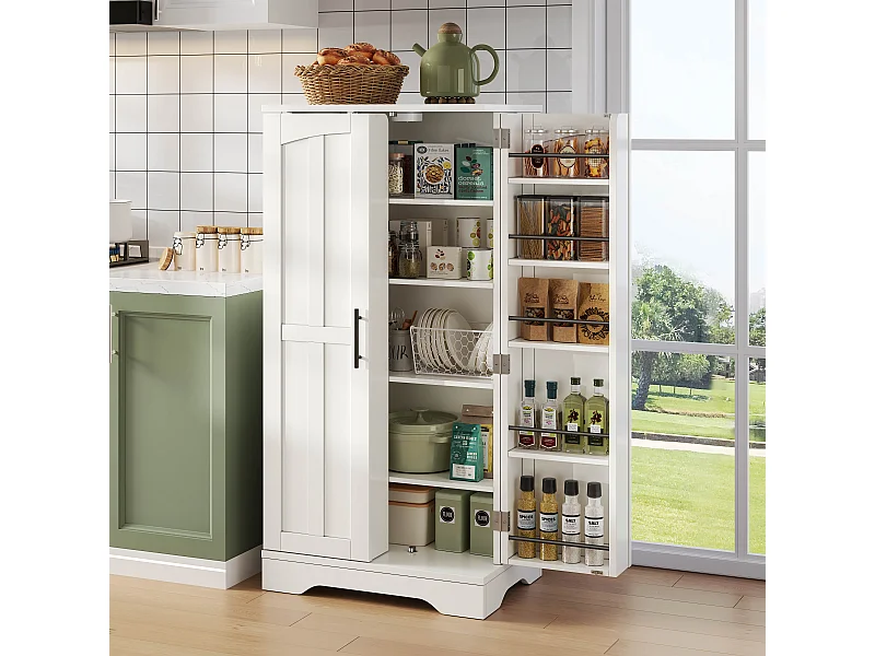 Buffet de cuisine haut - 60 x 40 x 120 cm - avec Leds + 2 portes avec étagères réglables et étagères de porte - MDF - blanc